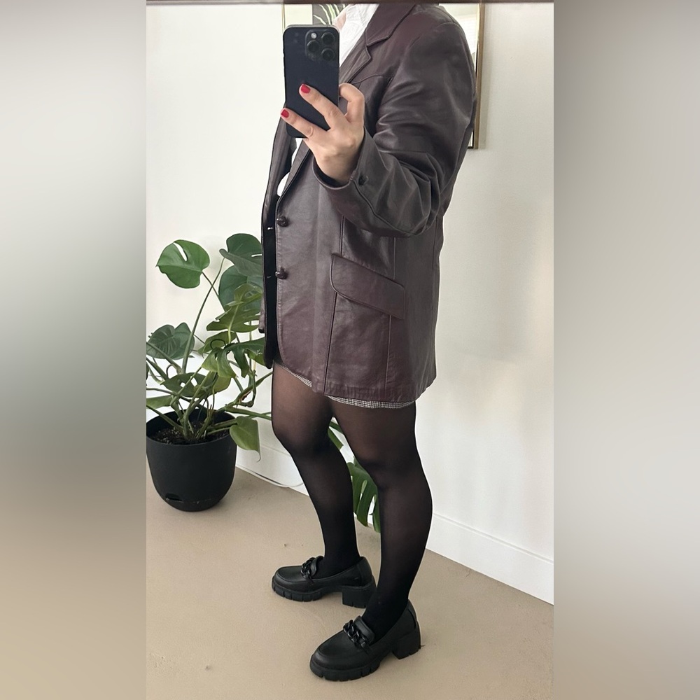 Vintage Diamond Leather Oversized Blazer – Burgundy Oxblood – 90s Slouchy Fit